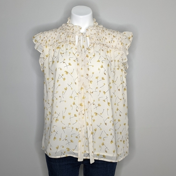 ✨3/$15 Pleione yellow floral ruffle blouse S - Picture 1 of 7